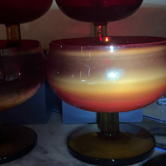 Vintage MCM Block Crystal Ruby And Amber Brandy Glasses With Cadmium Glow 1960's - Picture 6 of 17